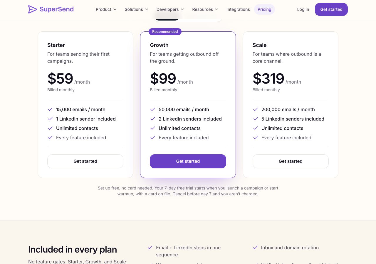 Super Send pricing page on 22 October 2026 on monthly billing showing Starter at $59 a month with 15,000 emails and 1 LinkedIn sender, Growth at $99 marked recommended with 50,000 emails and 2 senders, and Scale at $319 with 200,000 emails and 5 senders, each with unlimited contacts and every feature included, and a note that the 7-day trial starts at launch with a card on file
