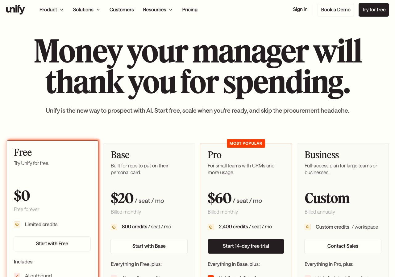Unify pricing page on 13 October 2026 showing Free at $0 with limited credits, Base at $20 a seat a month with 800 credits, Pro at $60 a seat a month with 2,400 credits and a 14-day free trial, and Business custom billed annually