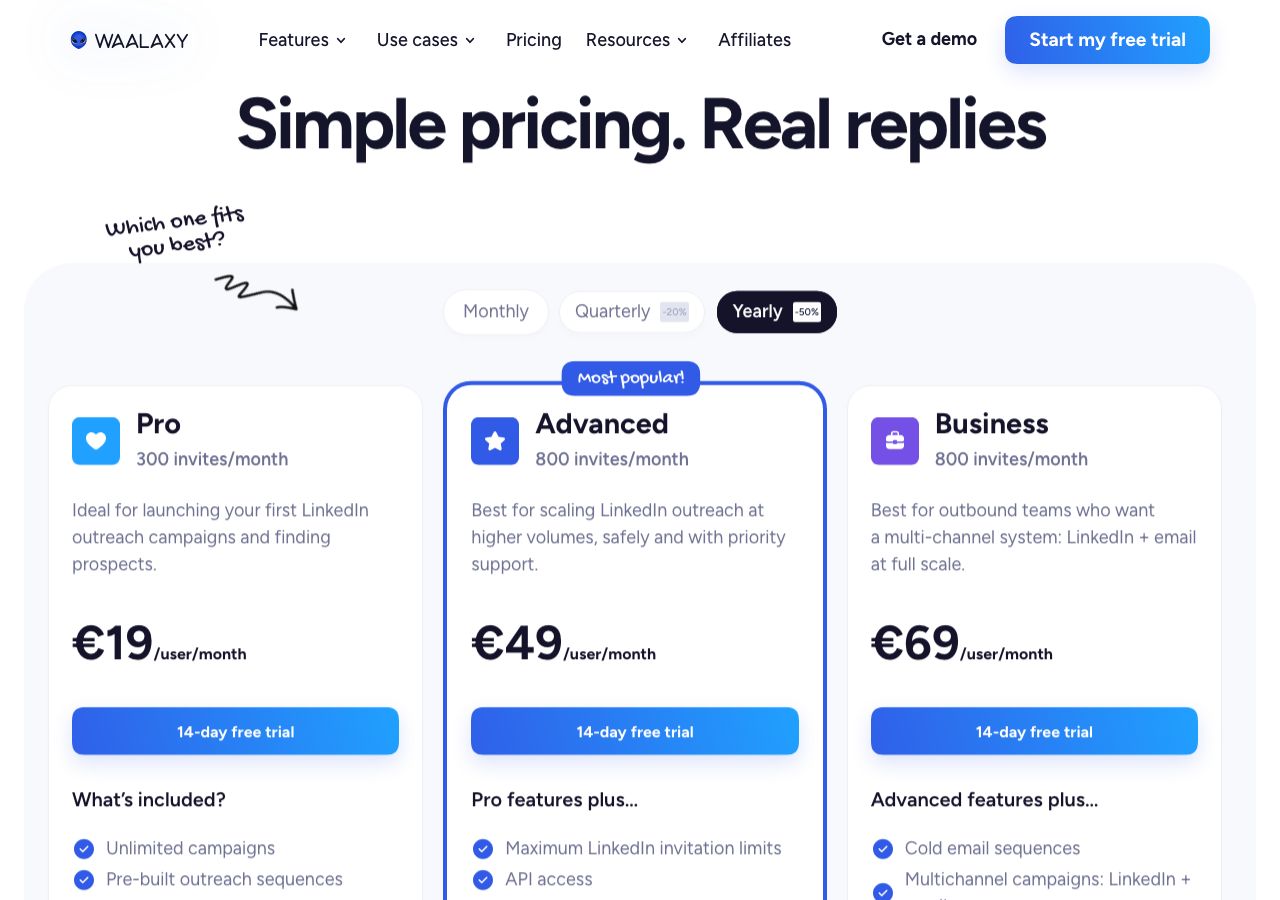 Waalaxy pricing page on 6 October 2026 with the yearly toggle selected, showing Pro at €19, Advanced at €49 and Business at €69 per user per month, each with a 14-day free trial