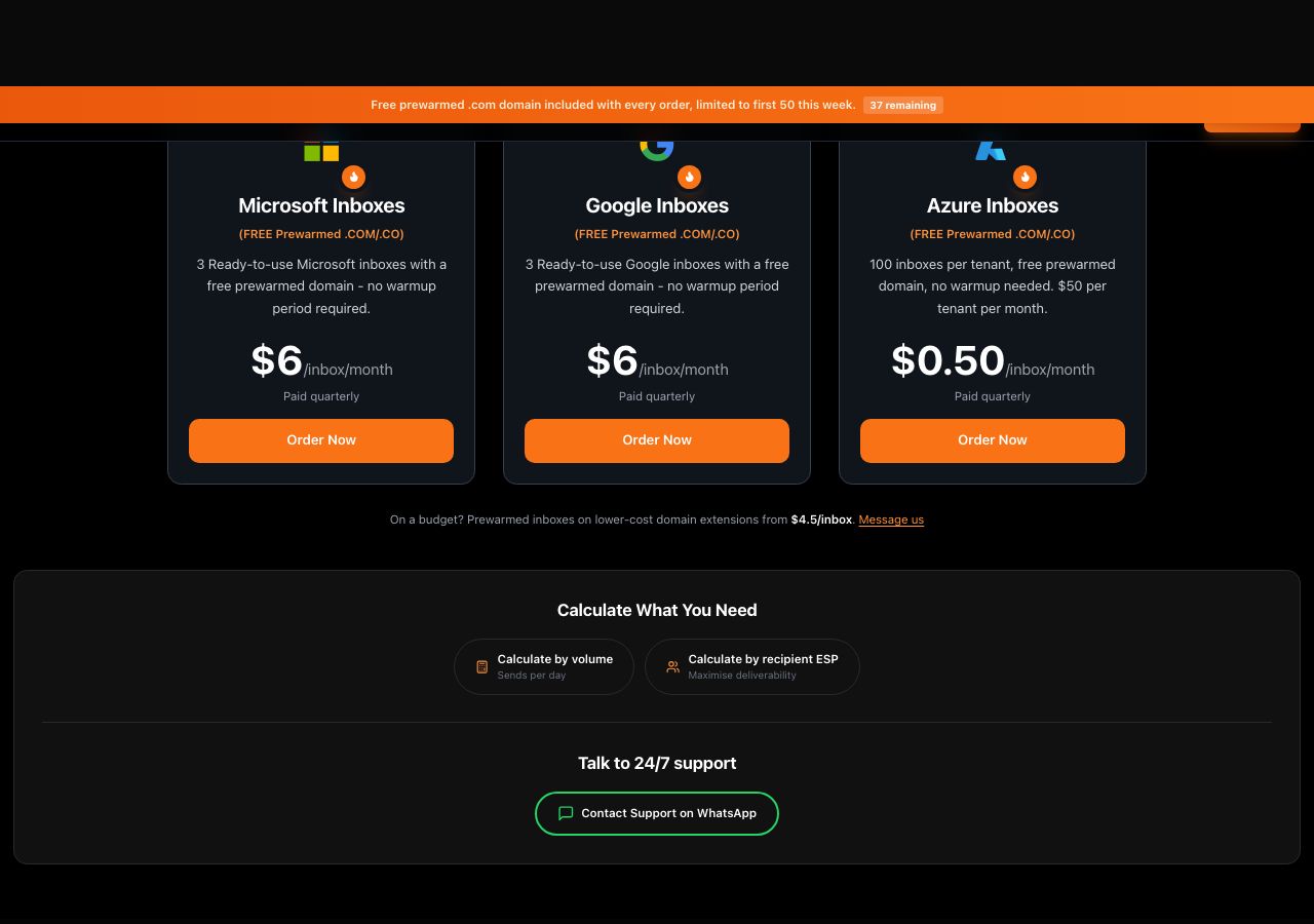 WarmInboxes offer page on 6 October 2026 showing prewarmed Microsoft and Google inbox packs at $6 an inbox a month paid quarterly with a free prewarmed .com or .co domain, a prewarmed Azure tenant at $0.50 an inbox paid quarterly, and a banner offering free domains to the first 50 orders this week