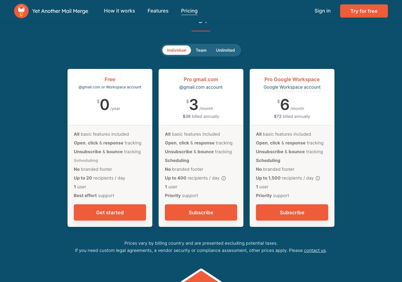 YAMM pricing page on 6 October 2026 showing the Free plan at $0, Pro gmail.com at $3 a month billed annually and Pro Google Workspace at $6 a month billed annually, with daily recipient limits of 20, 400 and 1,500