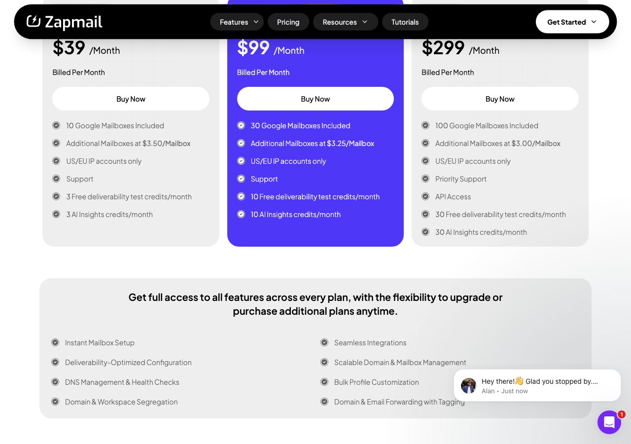 Zapmail pricing cards on 29 September 2026: Starter $39 a month for 10 Google mailboxes, Growth $99 for 30, Pro $299 for 100, with extra mailboxes at $3.50, $3.25 and $3.00