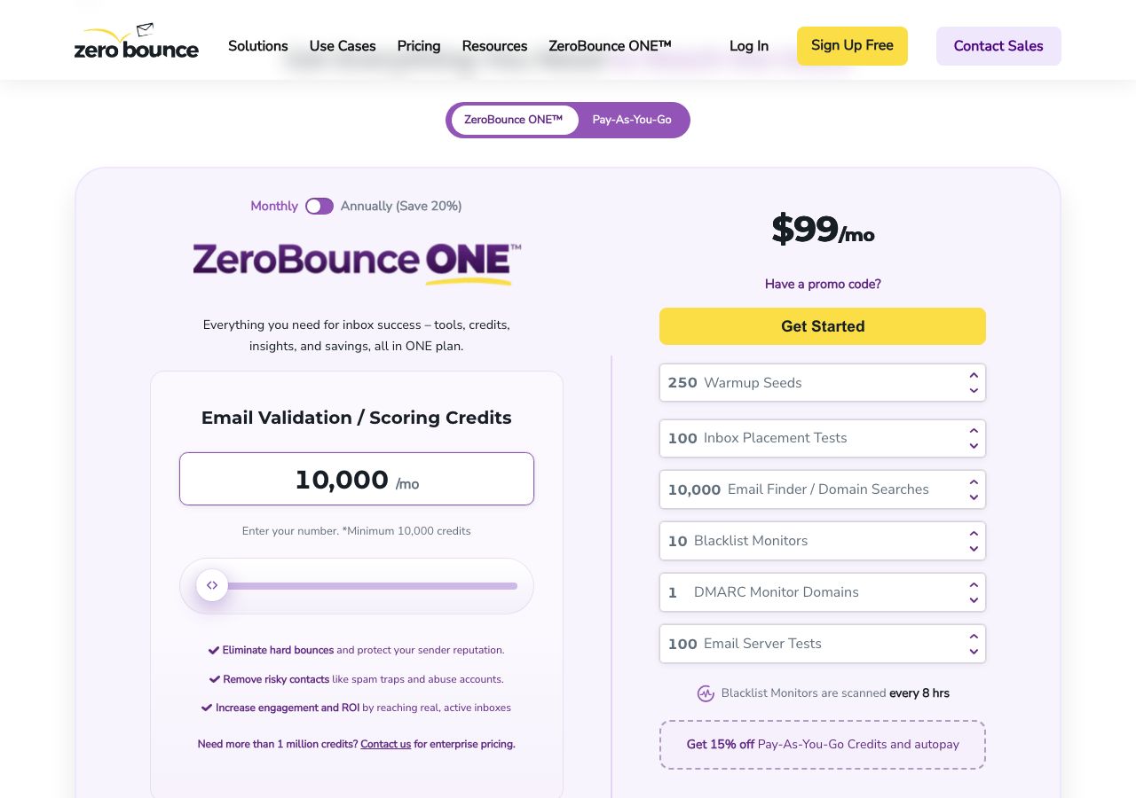 ZeroBounce pricing page on 9 October 2026 showing the ZeroBounce ONE subscription at $99 a month for 10,000 validation credits with 250 warmup seeds, 100 inbox placement tests, 10,000 email finder searches, 10 blacklist monitors, 1 DMARC monitor domain and 100 email server tests